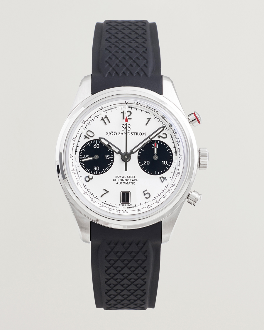 Hombres | Sjöö Sandström Royal Steel Chronograph 40mm Black Rubber White Dial | Sjöö Sandström | Royal Steel Chronograph 40mm Black Rubber White Dial