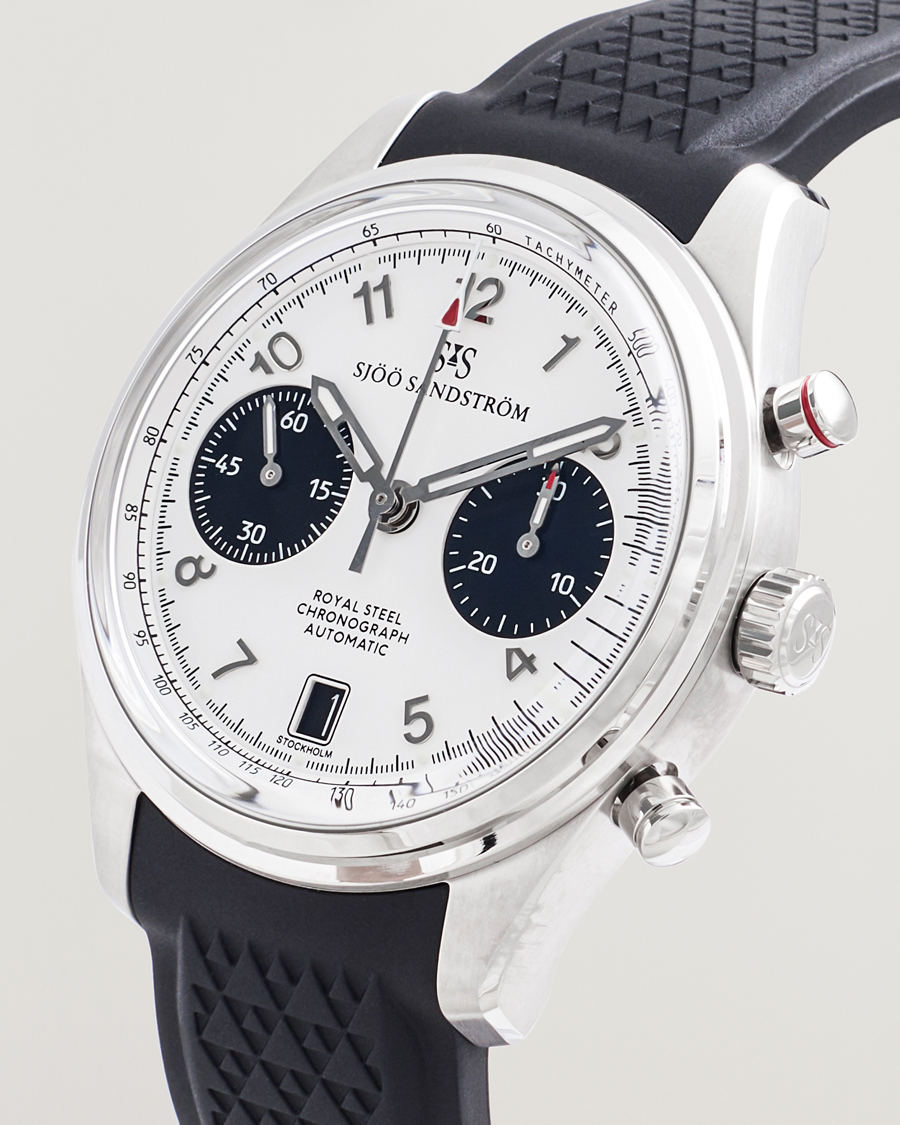 Hombres | Sjöö Sandström Royal Steel Chronograph 40mm Black Rubber White Dial | Sjöö Sandström | Royal Steel Chronograph 40mm Black Rubber White Dial