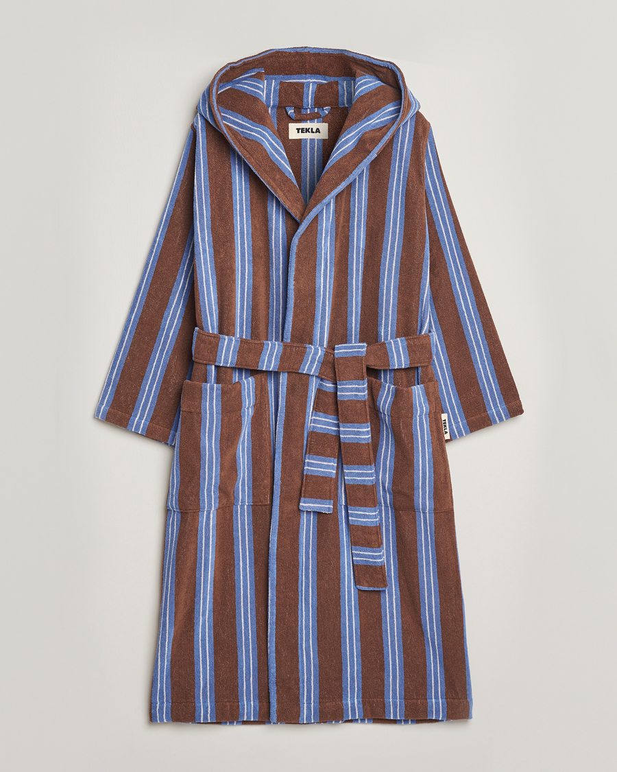 Hombres | Pijamas y batas | Tekla | Organic Terry Hooded Bathrobe Chestnut Stripes