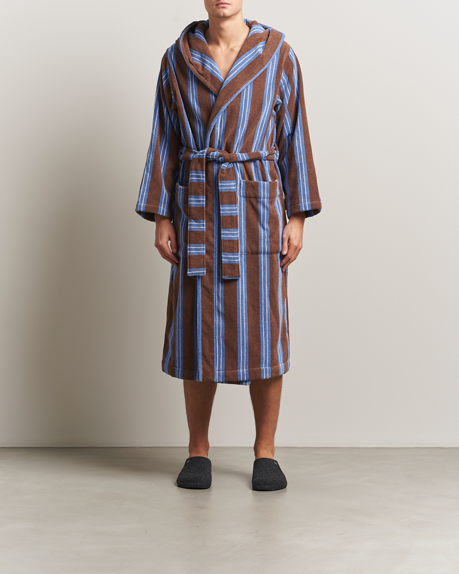 Hombres | Pijamas y batas | Tekla | Organic Terry Hooded Bathrobe Chestnut Stripes