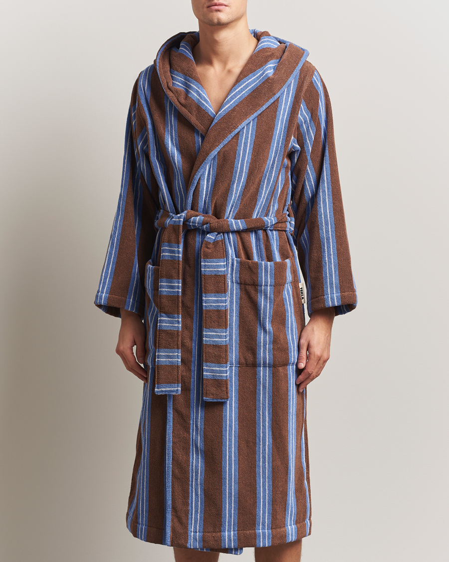 Hombres | Pijamas y batas | Tekla | Organic Terry Hooded Bathrobe Chestnut Stripes