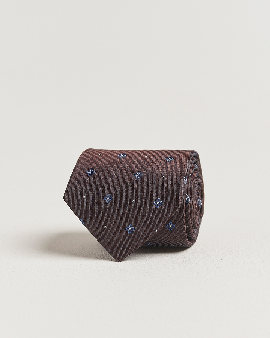 Hombres | Amanda Christensen Cotton/Silk Printed Flower 8cm Tie Brown | Amanda Christensen | Cotton/Silk Printed Flower 8cm Tie Brown