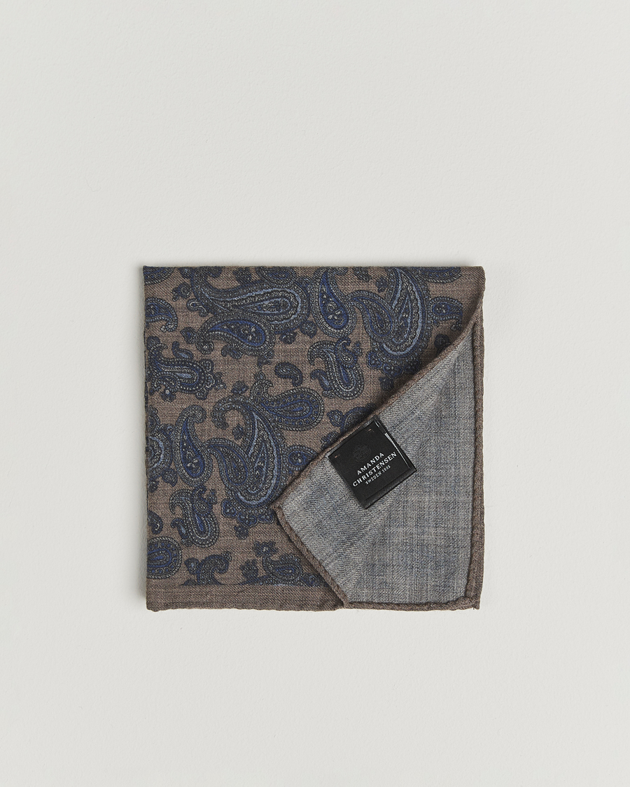 Hombres | Pañuelos de bolsillo | Amanda Christensen | Wool Flannel Large Paisley Pocket Square Dark Beige