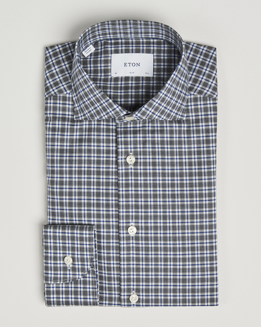 Hombres | Camisas | Eton | Slim Fit Checked Wrinkle Free Flannel Shirt Dark Grey