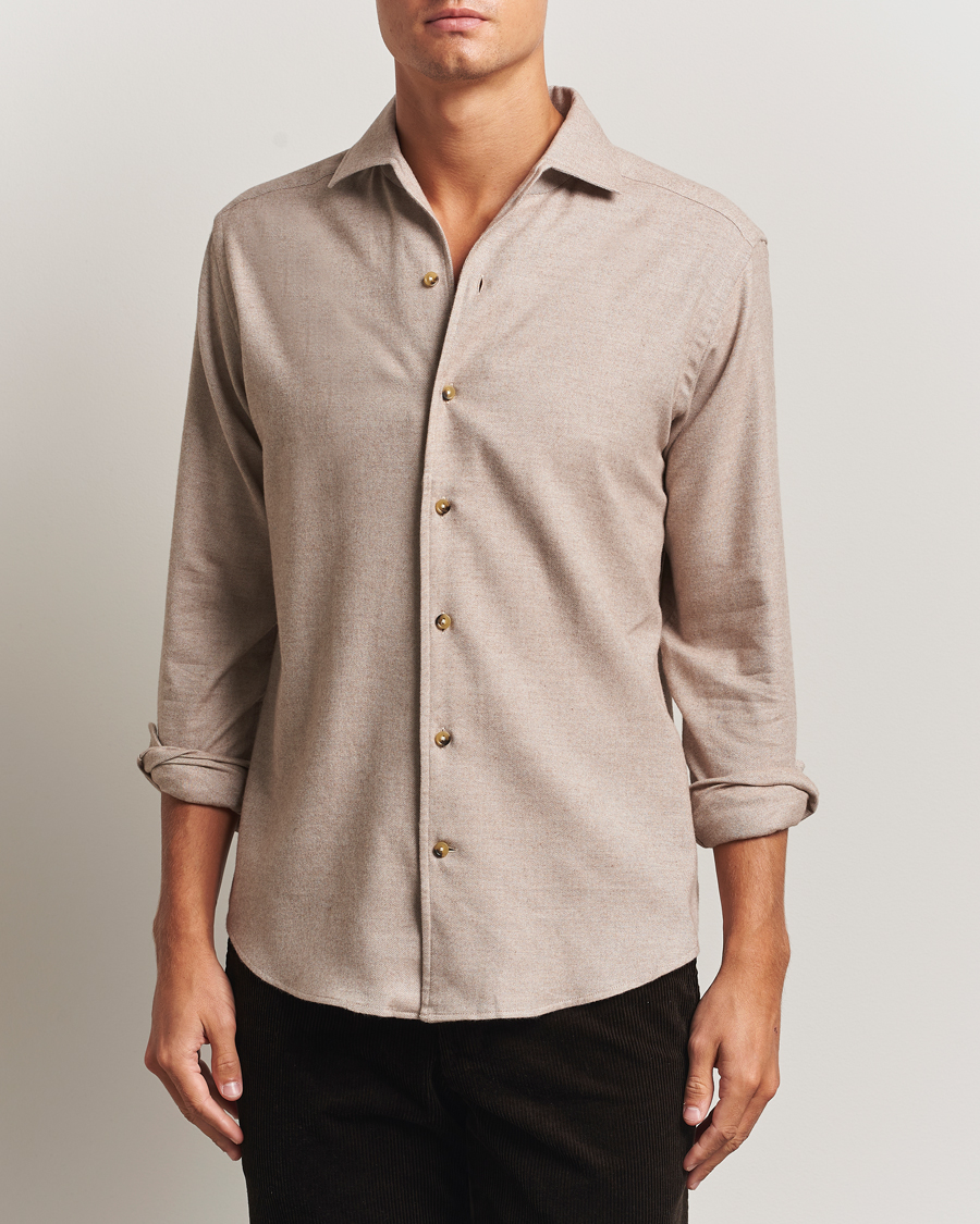 Hombres | Camisas | Eton | Casual Fit One Piece Collar Flannel Shirt Beige