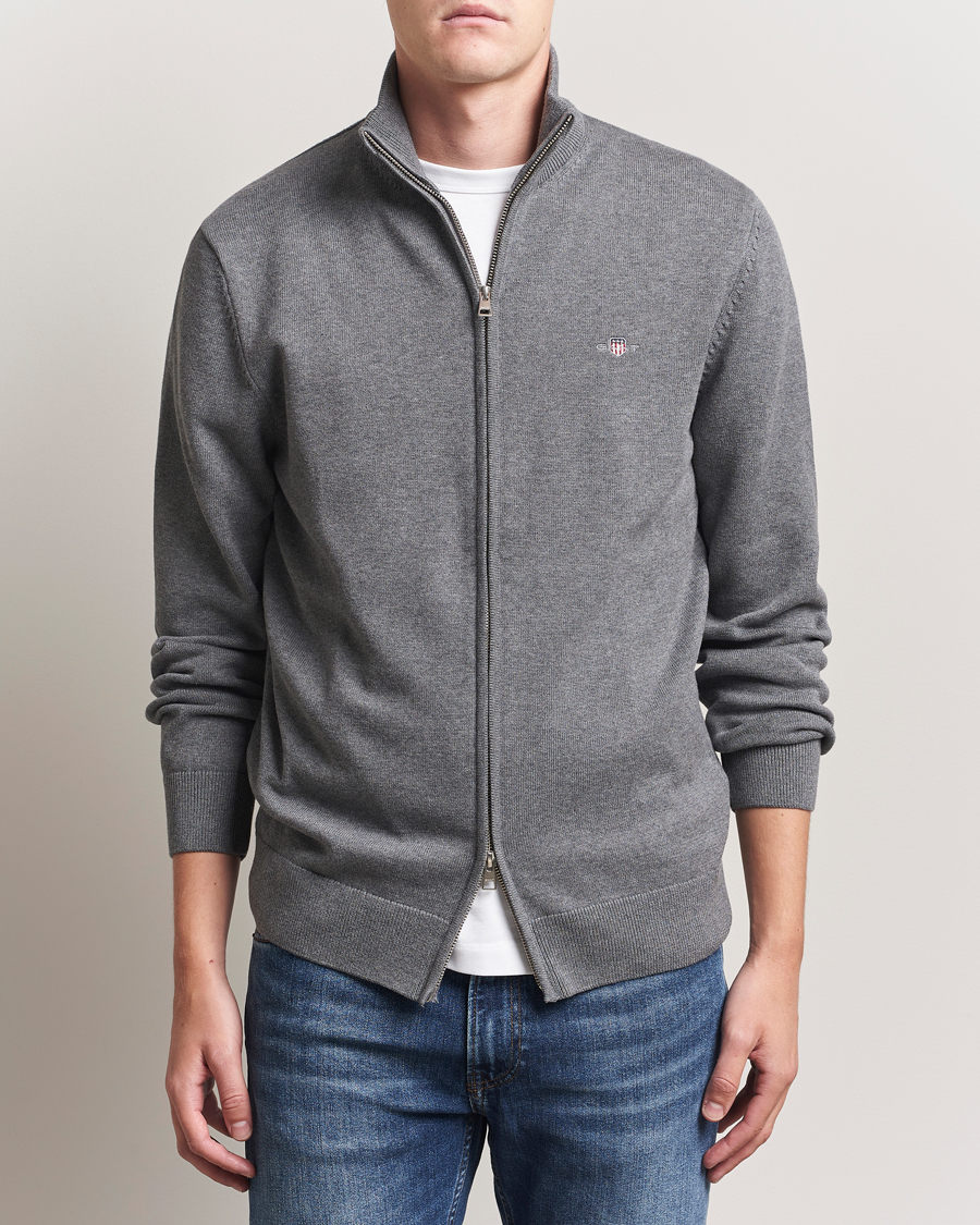 Hombres | Jerséis y prendas de punto | Gant | Casual Cotton Full Zip Dark Grey Melange