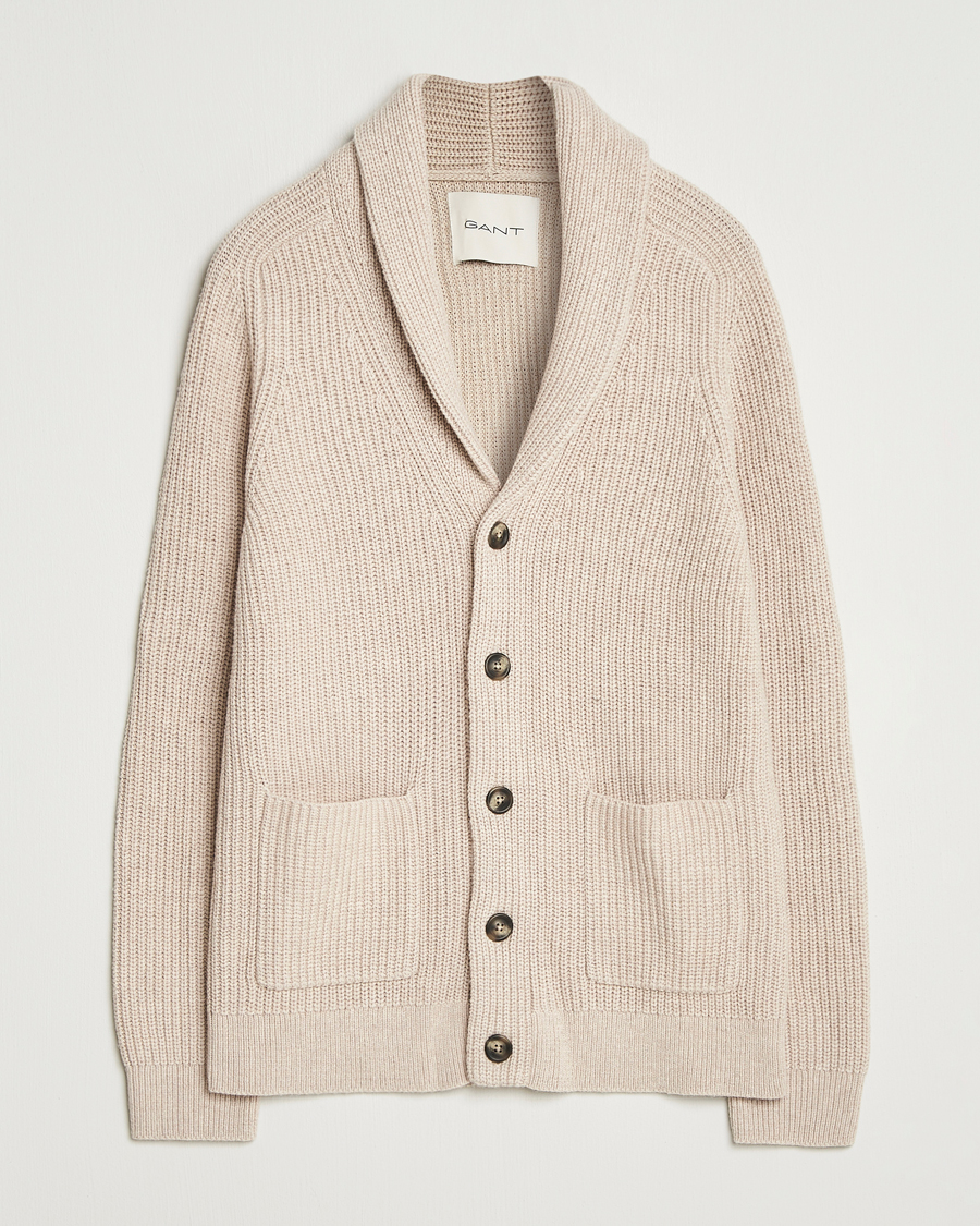 Hombres | Jerséis y prendas de punto | GANT | Wool Knitted Shawl Collar Cardigan Light Beige Melange