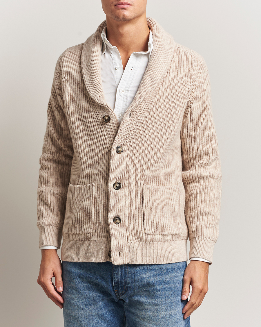 Hombres | Jerséis y prendas de punto | GANT | Wool Knitted Shawl Collar Cardigan Light Beige Melange