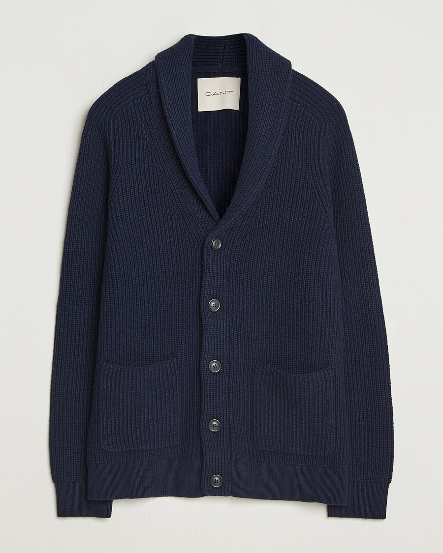 Hombres | Jerséis y prendas de punto | GANT | Wool Knitted Shawl Collar Cardigan Evening Blue