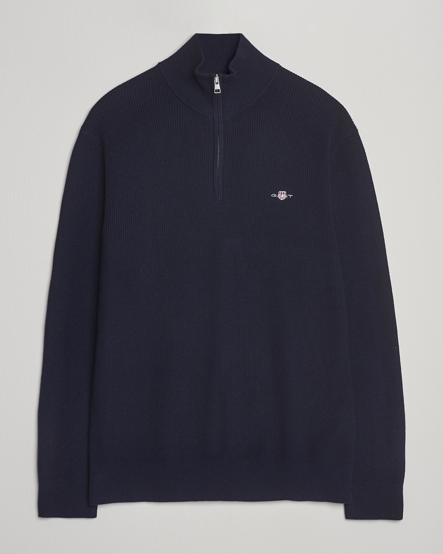 Hombres | Jerséis y prendas de punto | GANT | Cotton/Merino Ribbed Half Zip Evening Blue