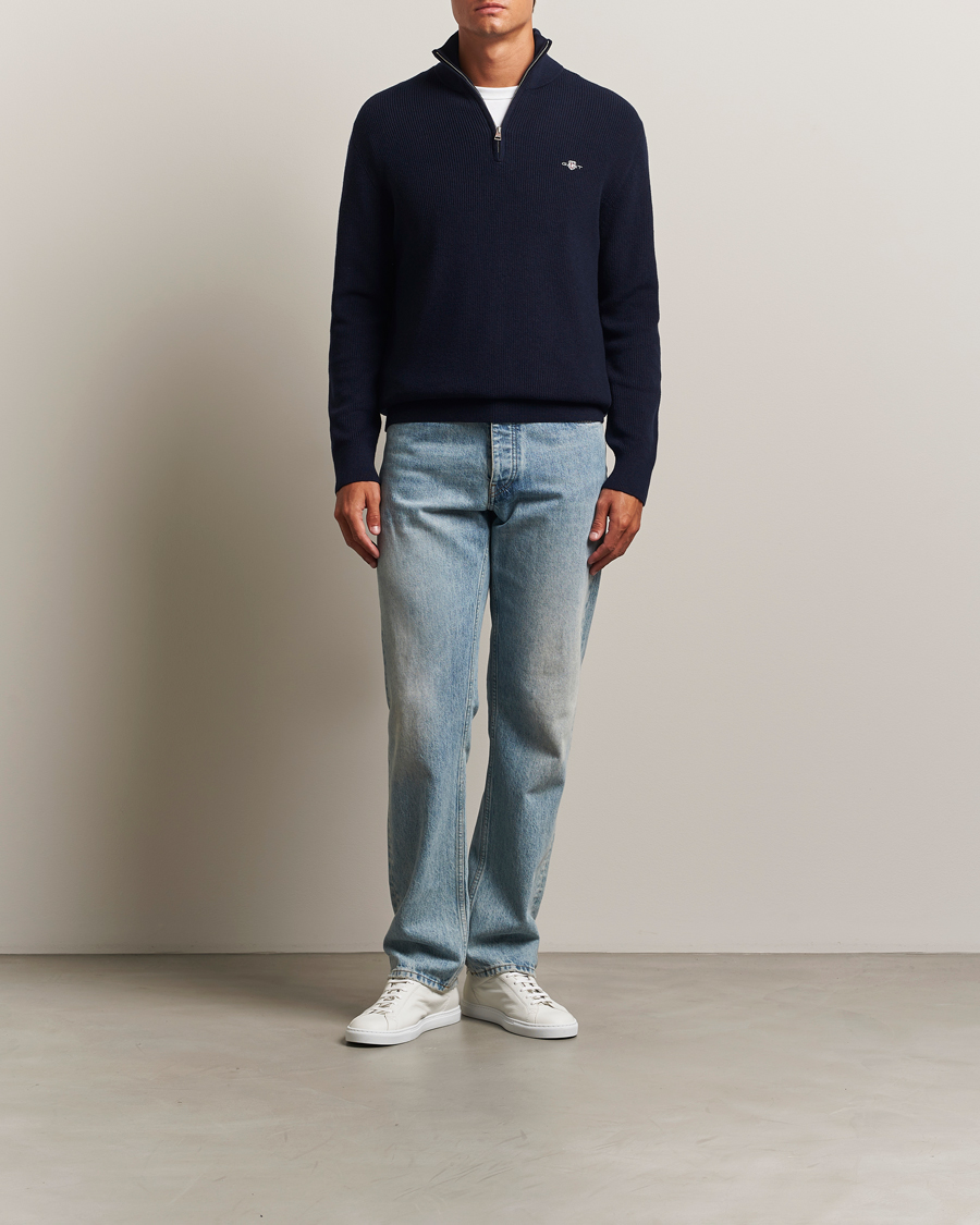 Hombres | Jerséis y prendas de punto | GANT | Cotton/Merino Ribbed Half Zip Evening Blue