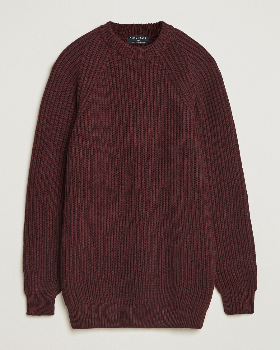 Hombres | Jerséis y prendas de punto | Gloverall | Fisherman Rib Chunky Wool Crew Neck Burgundy