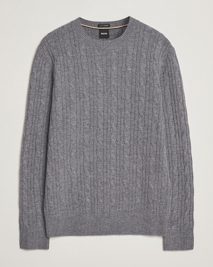 Hombres | Jerséis y prendas de punto | BOSS BLACK | Hetico Wool/Cashmere Cable Sweater Medium Grey