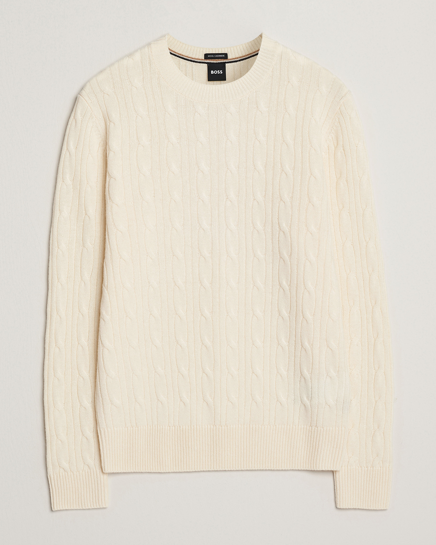 Hombres | Jerséis y prendas de punto | BOSS BLACK | Hetico Wool/Cashmere Cable Sweater Open White