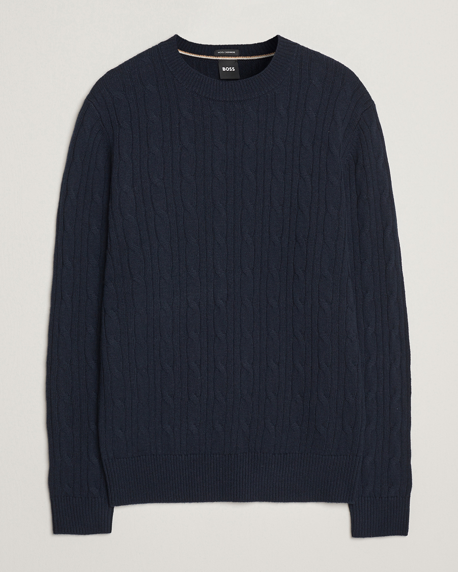 Hombres | Jerséis y prendas de punto | BOSS BLACK | Hetico Wool/Cashmere Cable Sweater Dark Blue