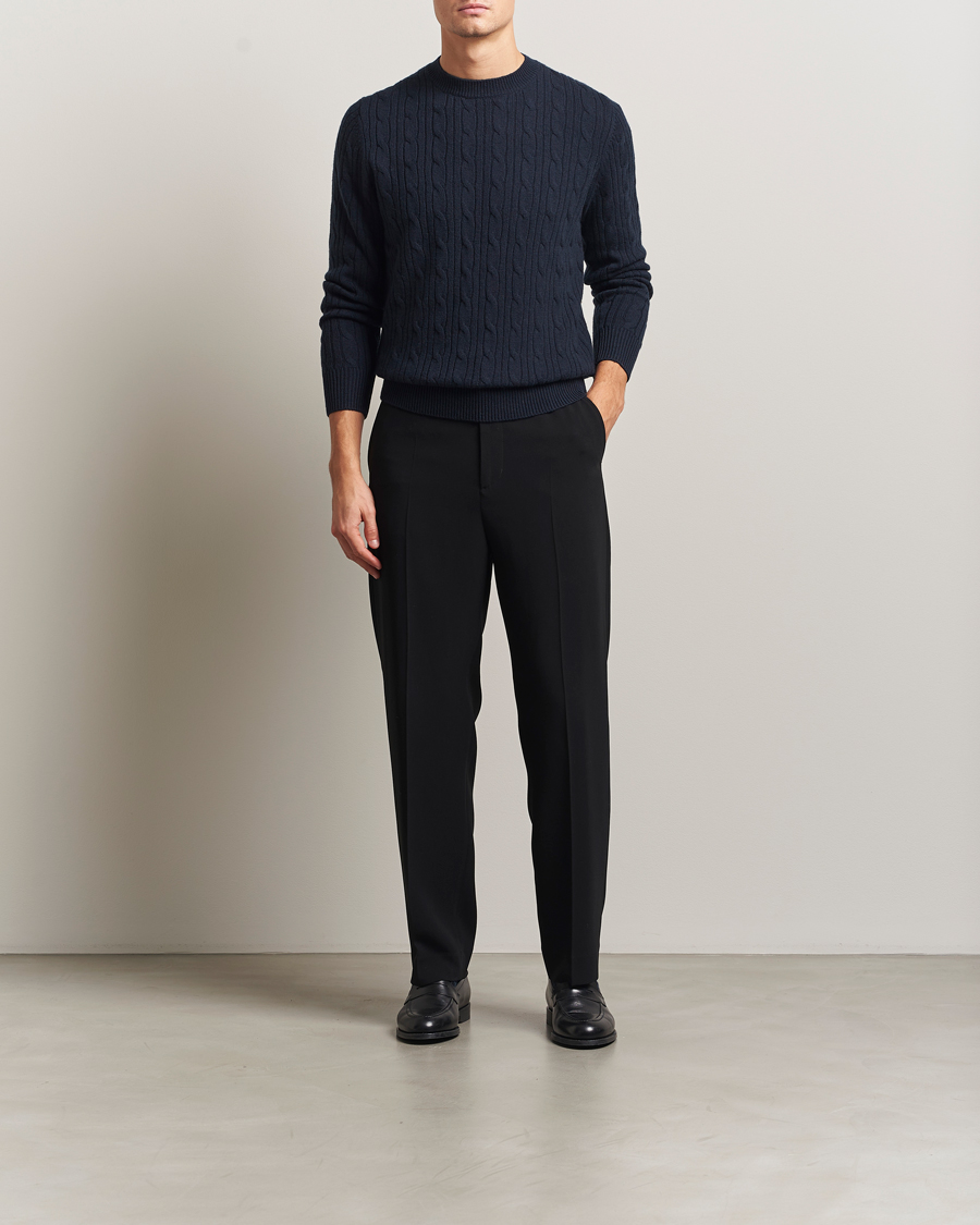 Hombres | Jerséis y prendas de punto | BOSS BLACK | Hetico Wool/Cashmere Cable Sweater Dark Blue