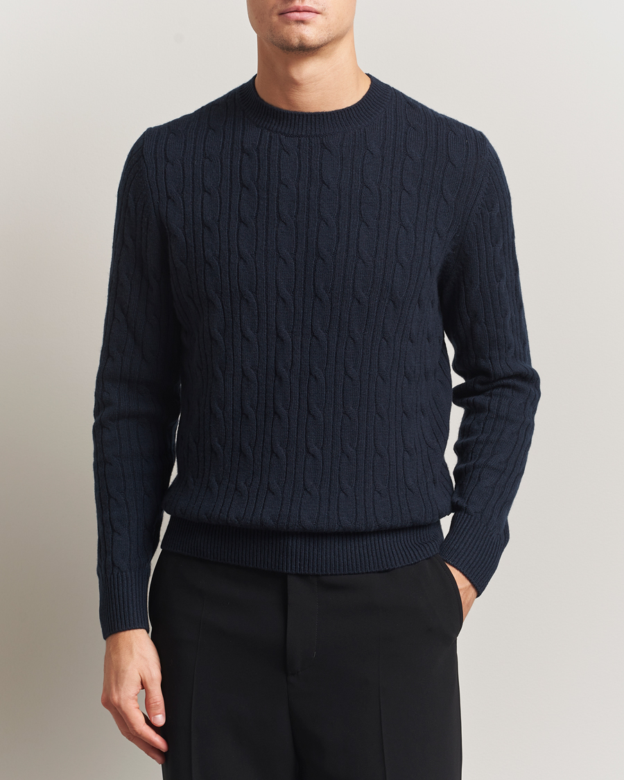 Hombres | Jerséis y prendas de punto | BOSS BLACK | Hetico Wool/Cashmere Cable Sweater Dark Blue