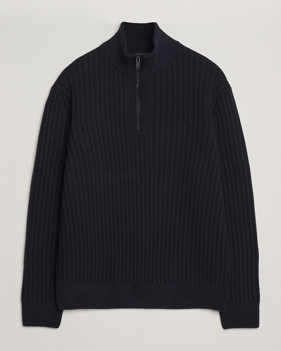 Hombres | Jerséis y prendas de punto | BOSS ORANGE | Kwinter Ribbed Wool Knitted Half Zip Dark Blue