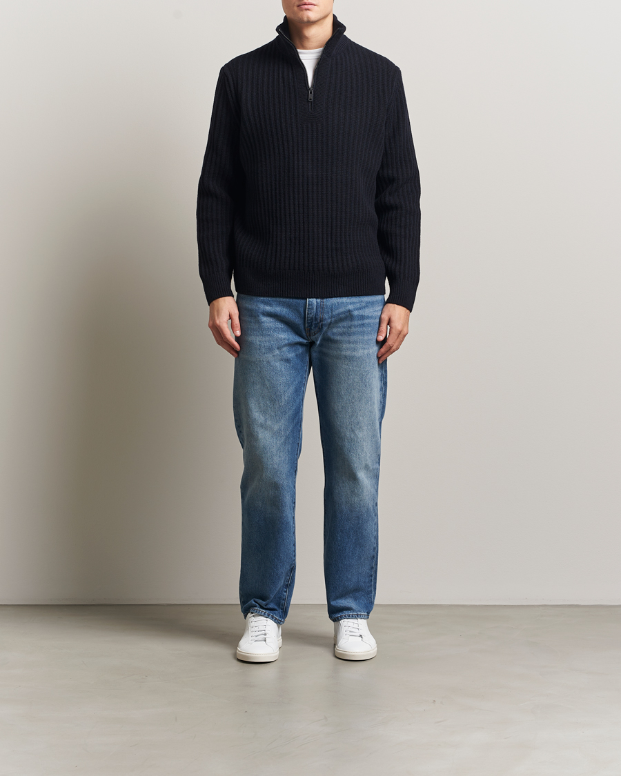 Hombres | Jerséis y prendas de punto | BOSS ORANGE | Kwinter Ribbed Wool Knitted Half Zip Dark Blue