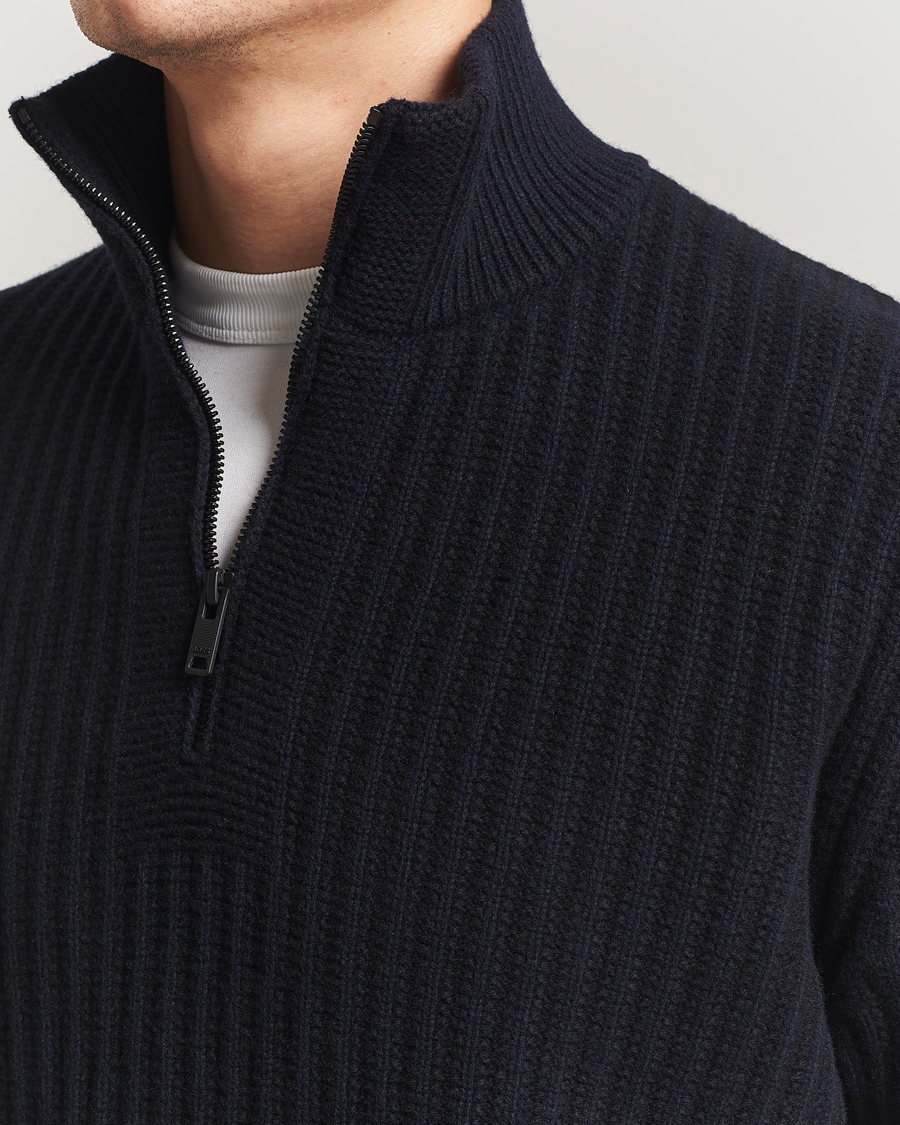 Hombres | Jerséis y prendas de punto | BOSS ORANGE | Kwinter Ribbed Wool Knitted Half Zip Dark Blue
