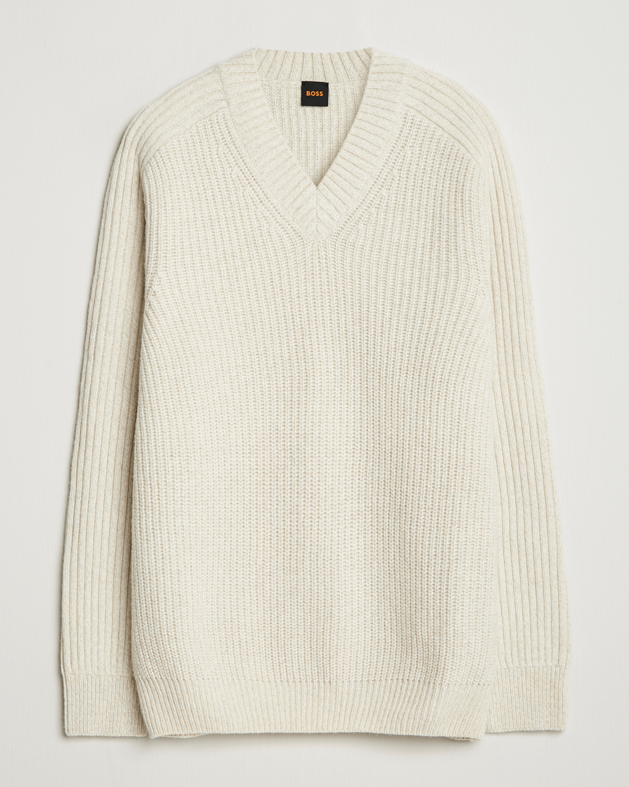 Hombres | Jerséis y prendas de punto | BOSS ORANGE | Karinet Ribbed Wool Knitted V-Neck Light Beige