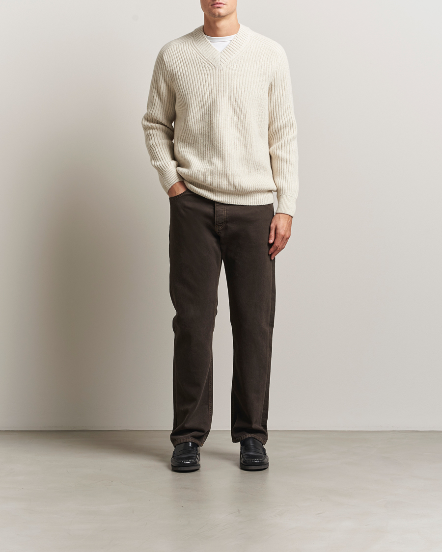 Hombres | Jerséis y prendas de punto | BOSS ORANGE | Karinet Ribbed Wool Knitted V-Neck Light Beige