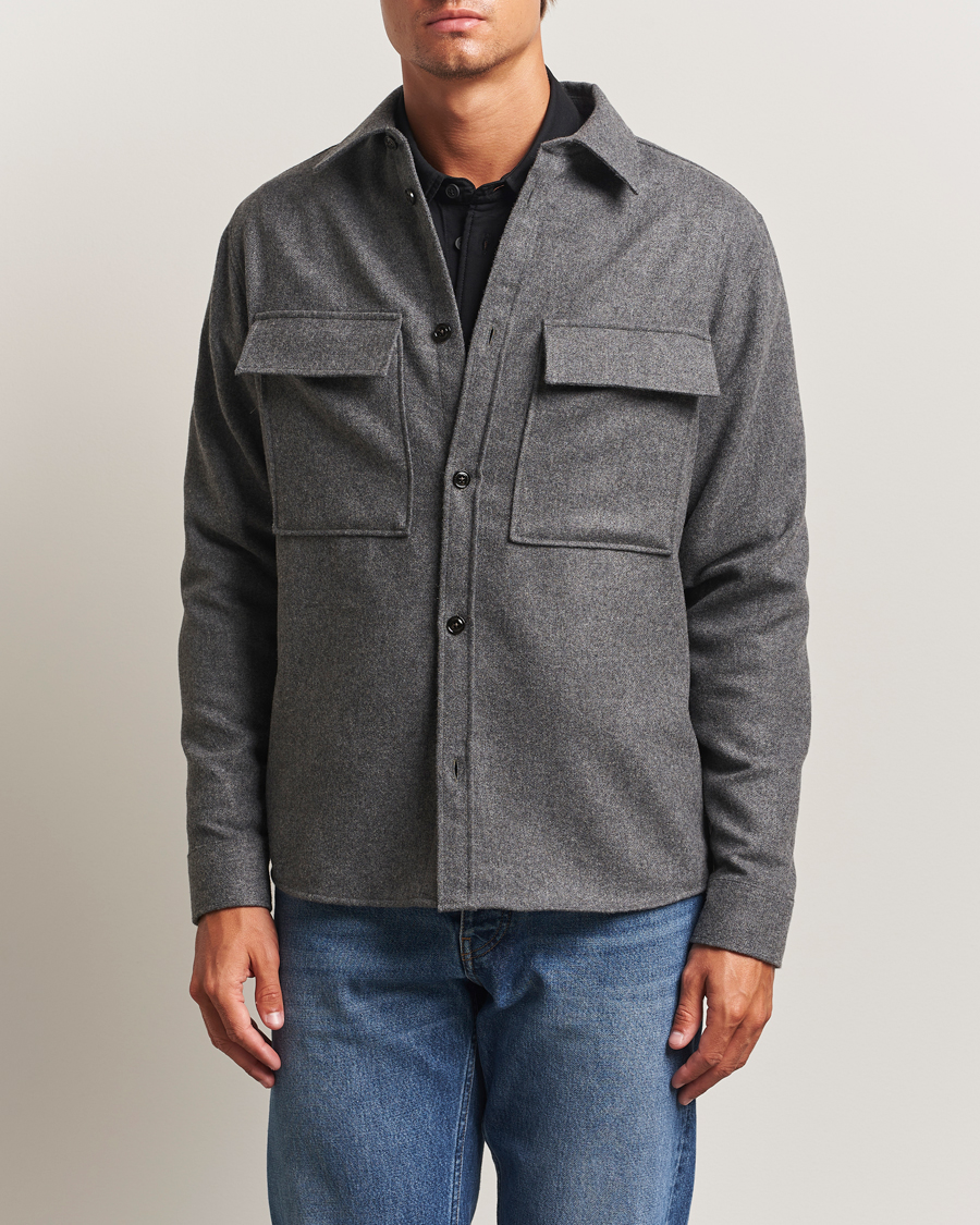 Hombres | Camisas | J.Lindeberg | Flat Wool Overshirt Dark Grey Melange