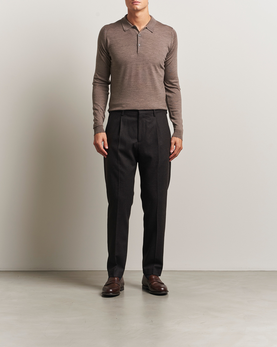 Hombres | Jerséis y prendas de punto | John Smedley | Belper Extra Fine Merino Polo Pullover Mushroom Brown