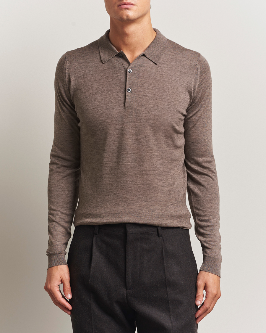 Hombres | Jerséis y prendas de punto | John Smedley | Belper Extra Fine Merino Polo Pullover Mushroom Brown