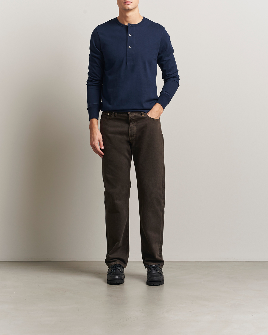 Hombres | Jerséis y prendas de punto | Merz b. Schwanen | Classic Fit Sturdy Organic Cotton Henley Ink Blue