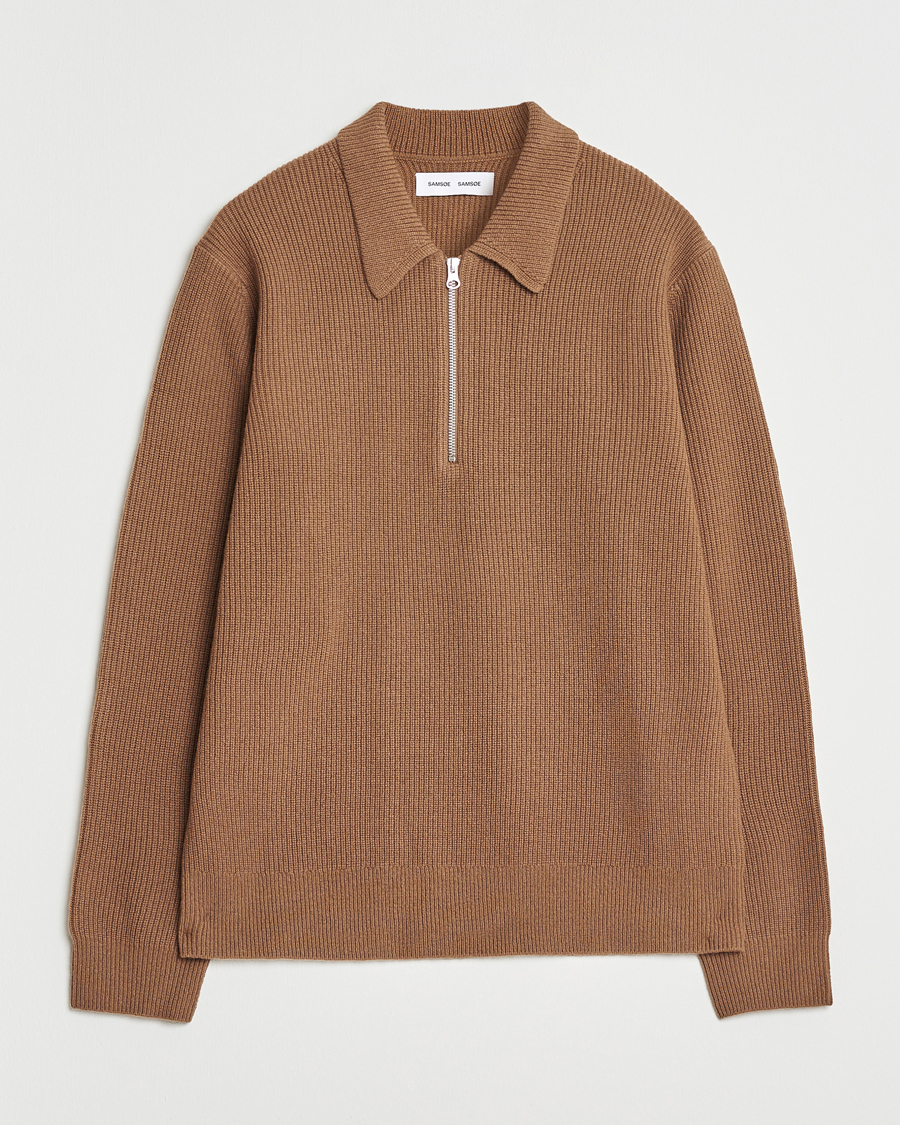 Hombres | Jerséis y prendas de punto | Samsøe Samsøe | Isak Knitted Half Zip Polo Otter Brown