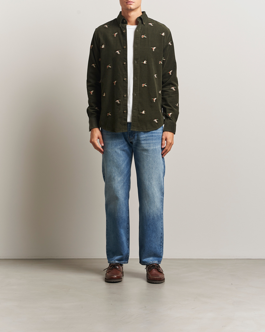 Hombres | Camisas | GANT | Regular Fit Embroidered Corduroy Shirt Green Lagoon