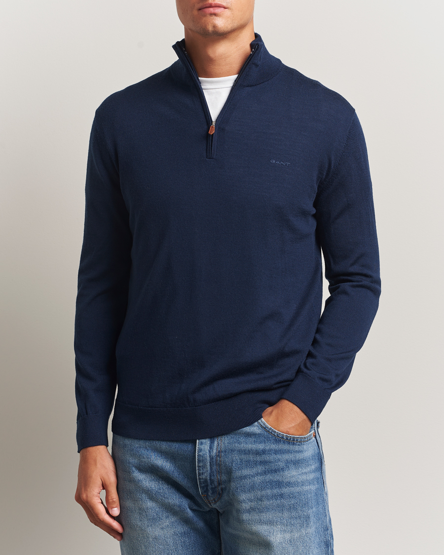 Hombres | Jerséis y prendas de punto | Gant | Extrafine Merino Wool Half Zip Marine