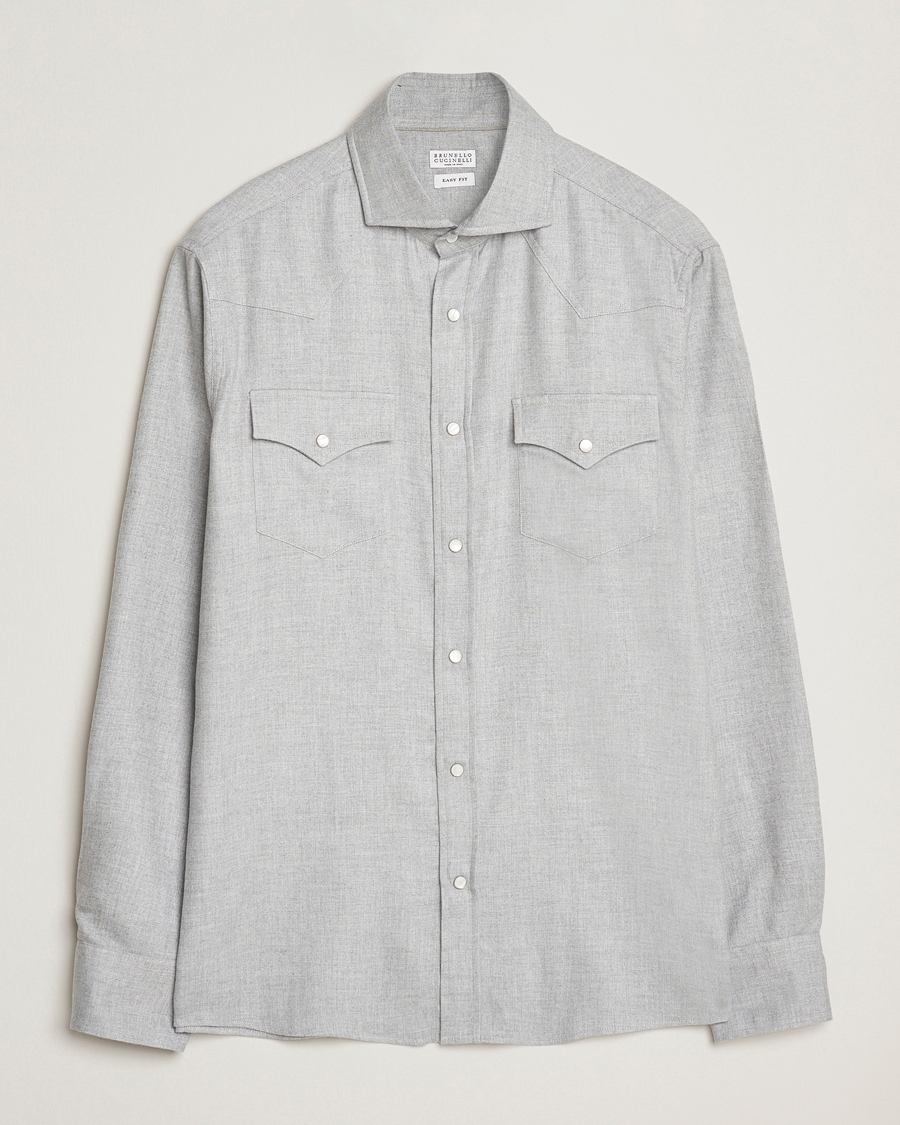 Hombres | Camisas | Brunello Cucinelli | Soft Flannel Western Overshirt Light Grey