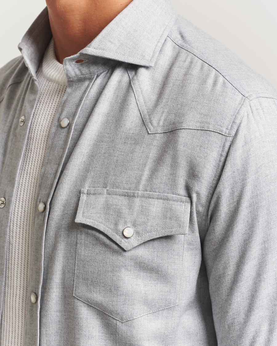 Hombres | Camisas | Brunello Cucinelli | Soft Flannel Western Overshirt Light Grey