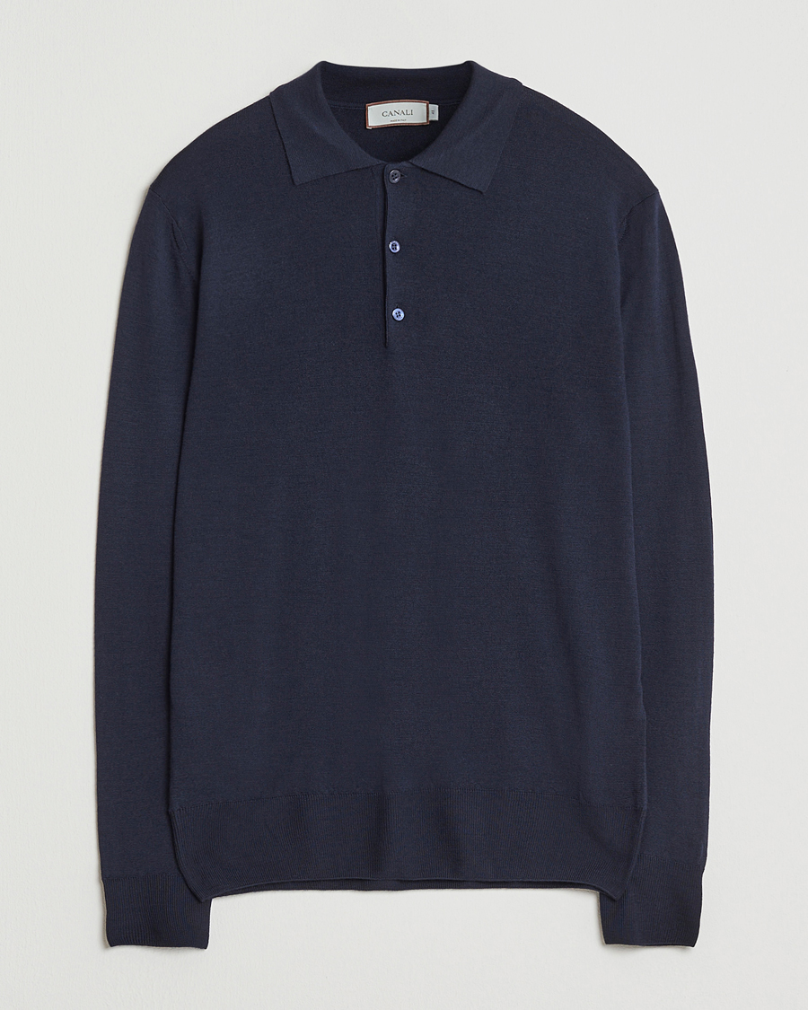 Hombres | Jerséis y prendas de punto | Canali | Merino Wool Long Sleeve Polo Navy
