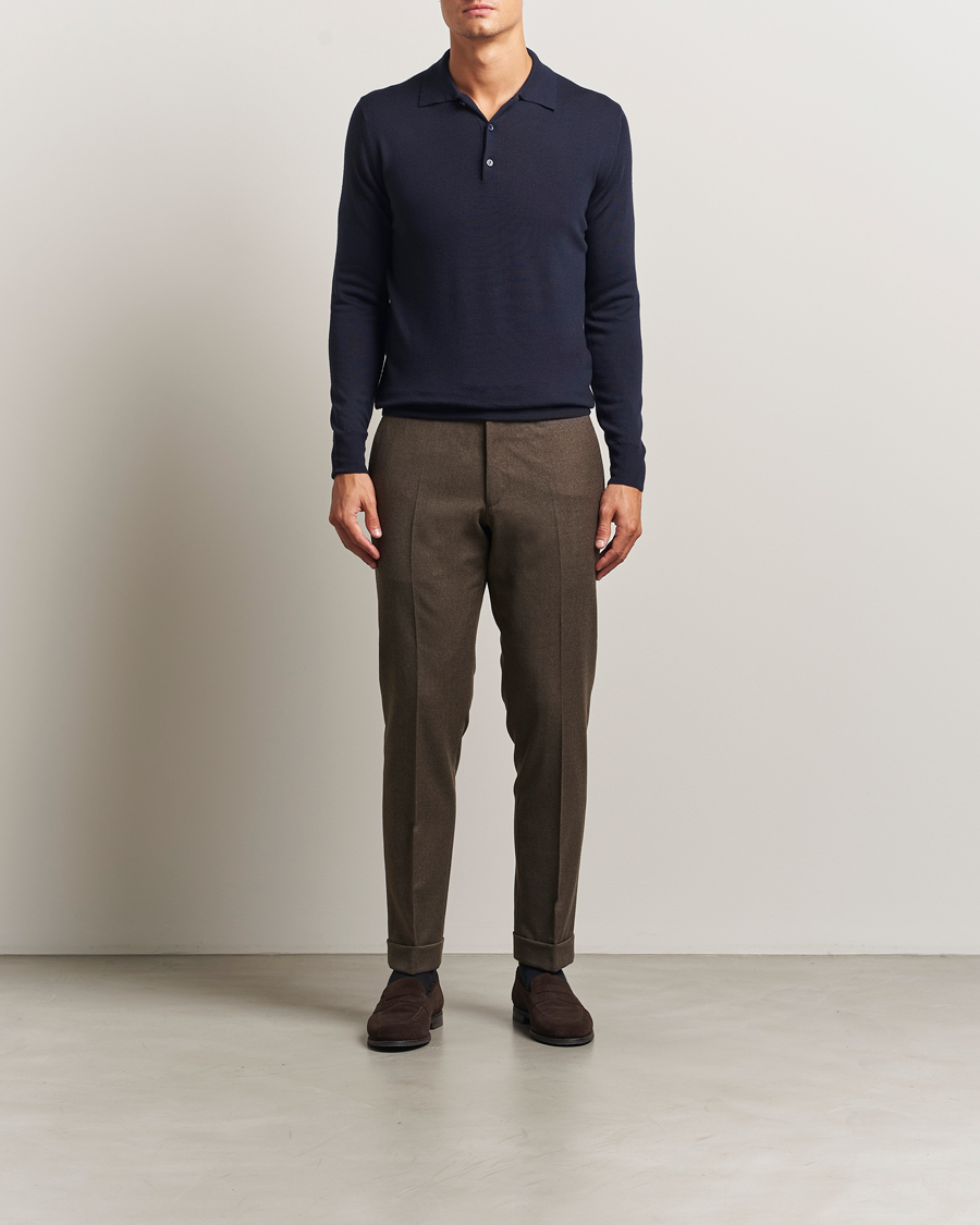 Hombres | Jerséis y prendas de punto | Canali | Merino Wool Long Sleeve Polo Navy