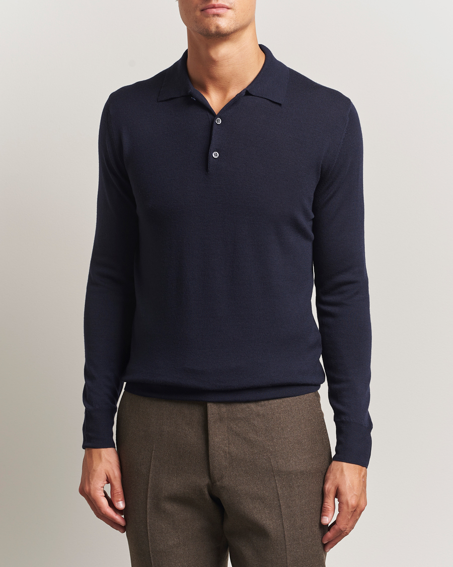 Hombres | Jerséis y prendas de punto | Canali | Merino Wool Long Sleeve Polo Navy