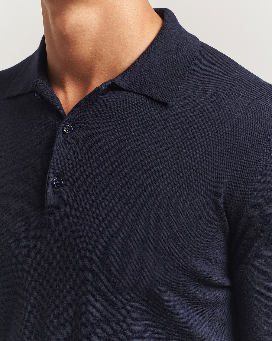 Hombres | Jerséis y prendas de punto | Canali | Merino Wool Long Sleeve Polo Navy