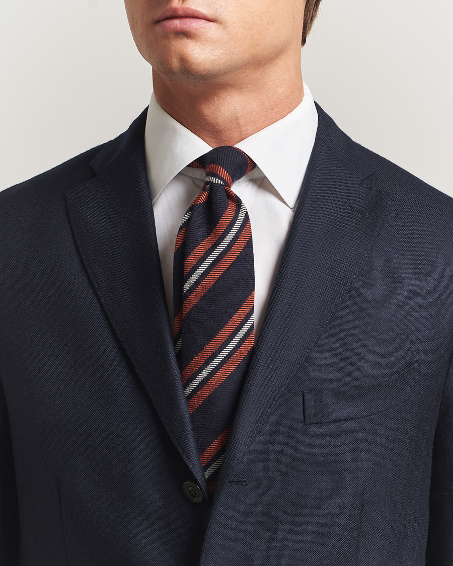 Hombres | Finamore Napoli Wool Regimental Stripe Tie Navy/Orange | Finamore Napoli | Wool Regimental Stripe Tie Navy/Orange