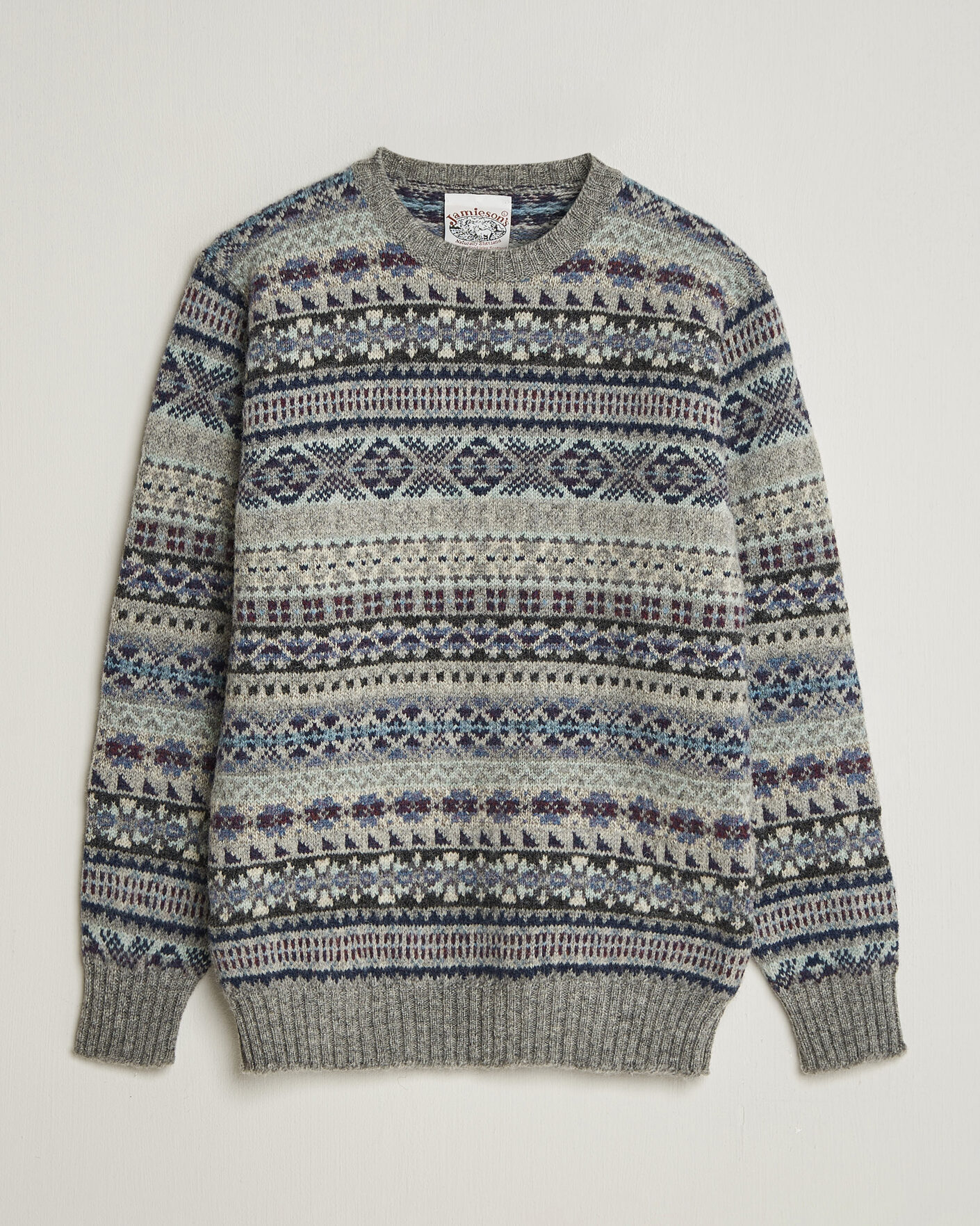 Hombres | Jerséis y prendas de punto | Jamieson's of Shetland | Jamiesons Of Shetland All Over Fair Isle Pullover Crew Neck Light Grey
