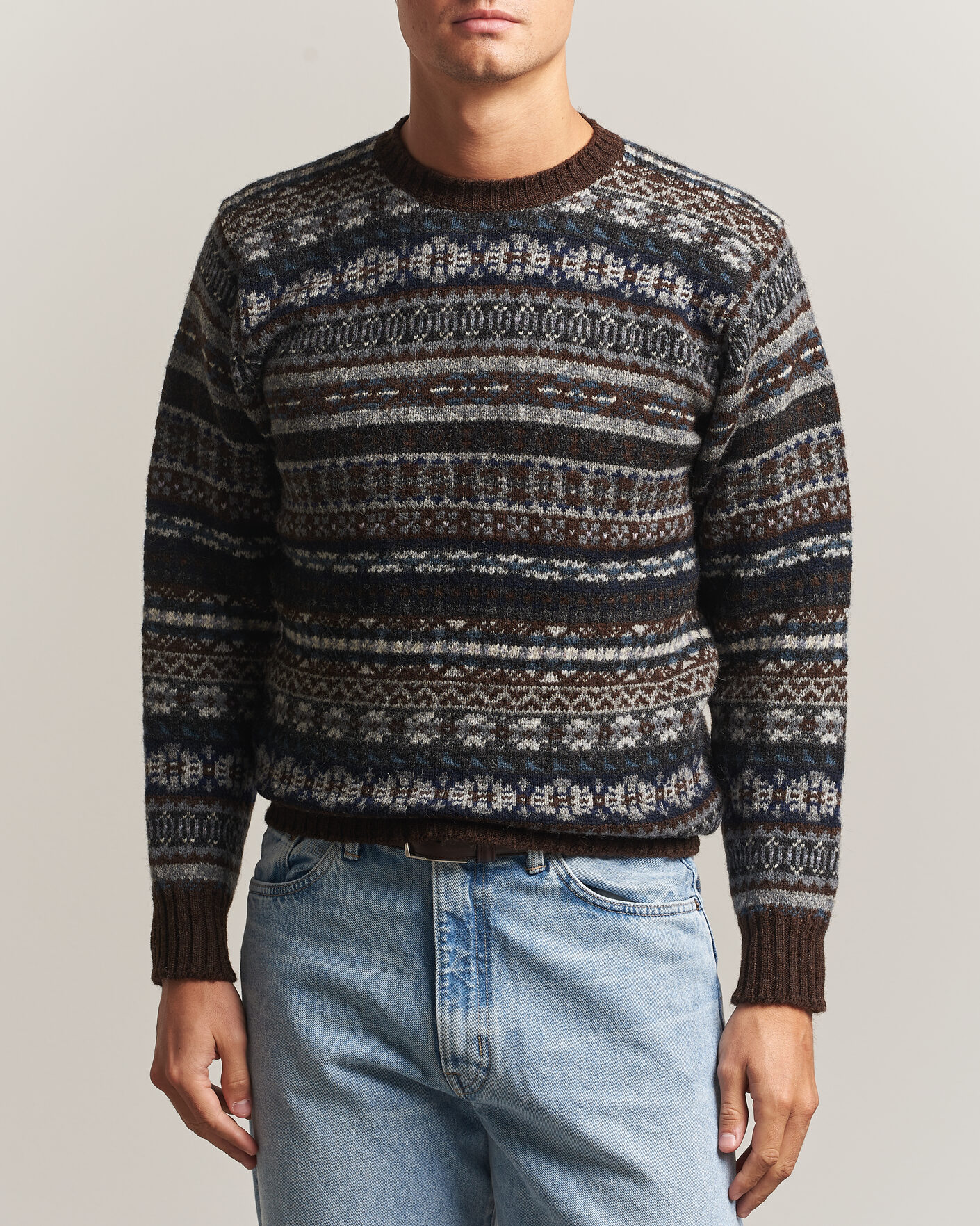 Hombres | Jerséis y prendas de punto | Jamieson's of Shetland | Jamiesons Of Shetland All Over Fair Isle Pullover Crew Neck Brown