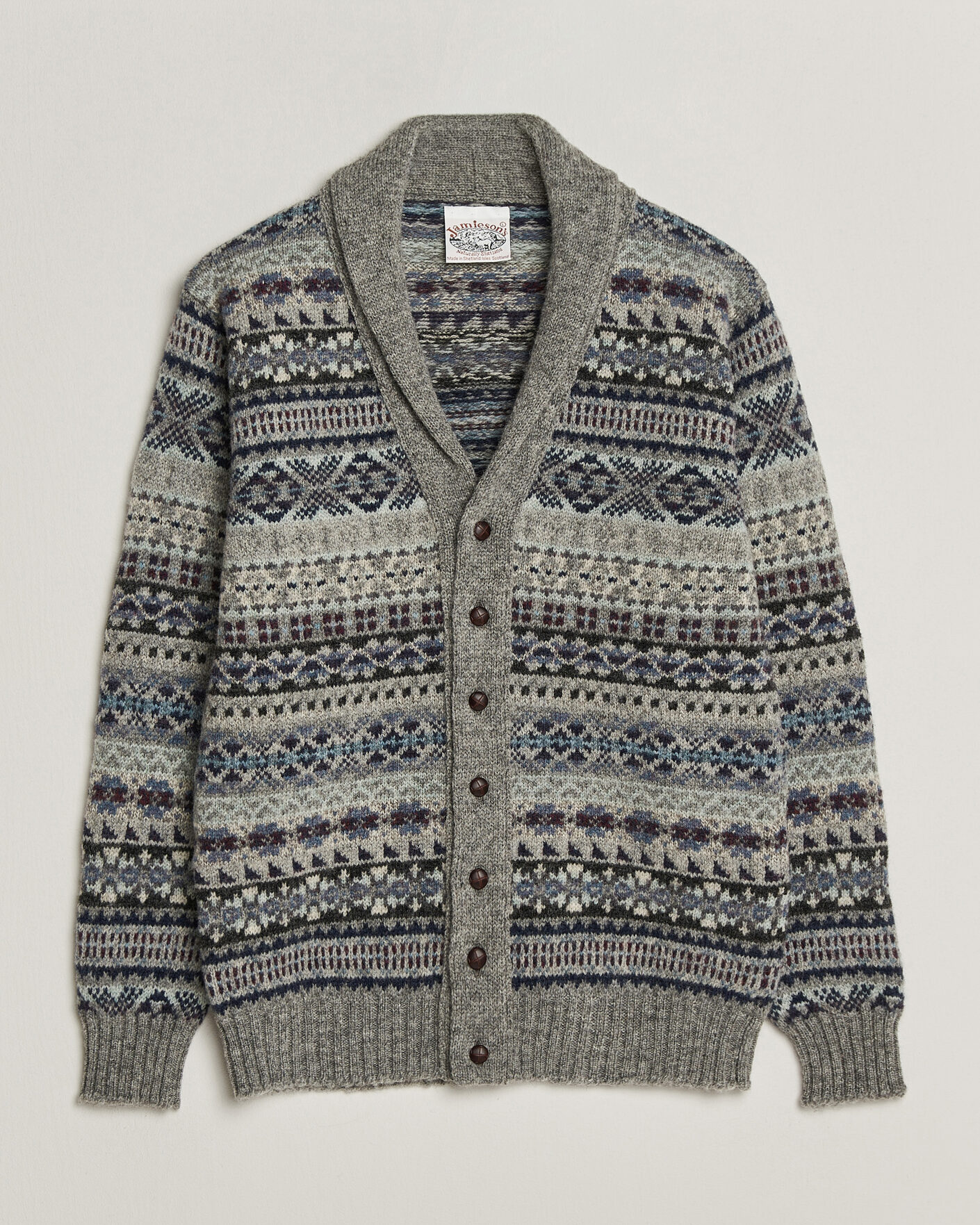 Hombres | Jerséis y prendas de punto | Jamieson's of Shetland | Jamiesons Of Shetland All Over Fair Isle Shawl Collar Cardigan Grey