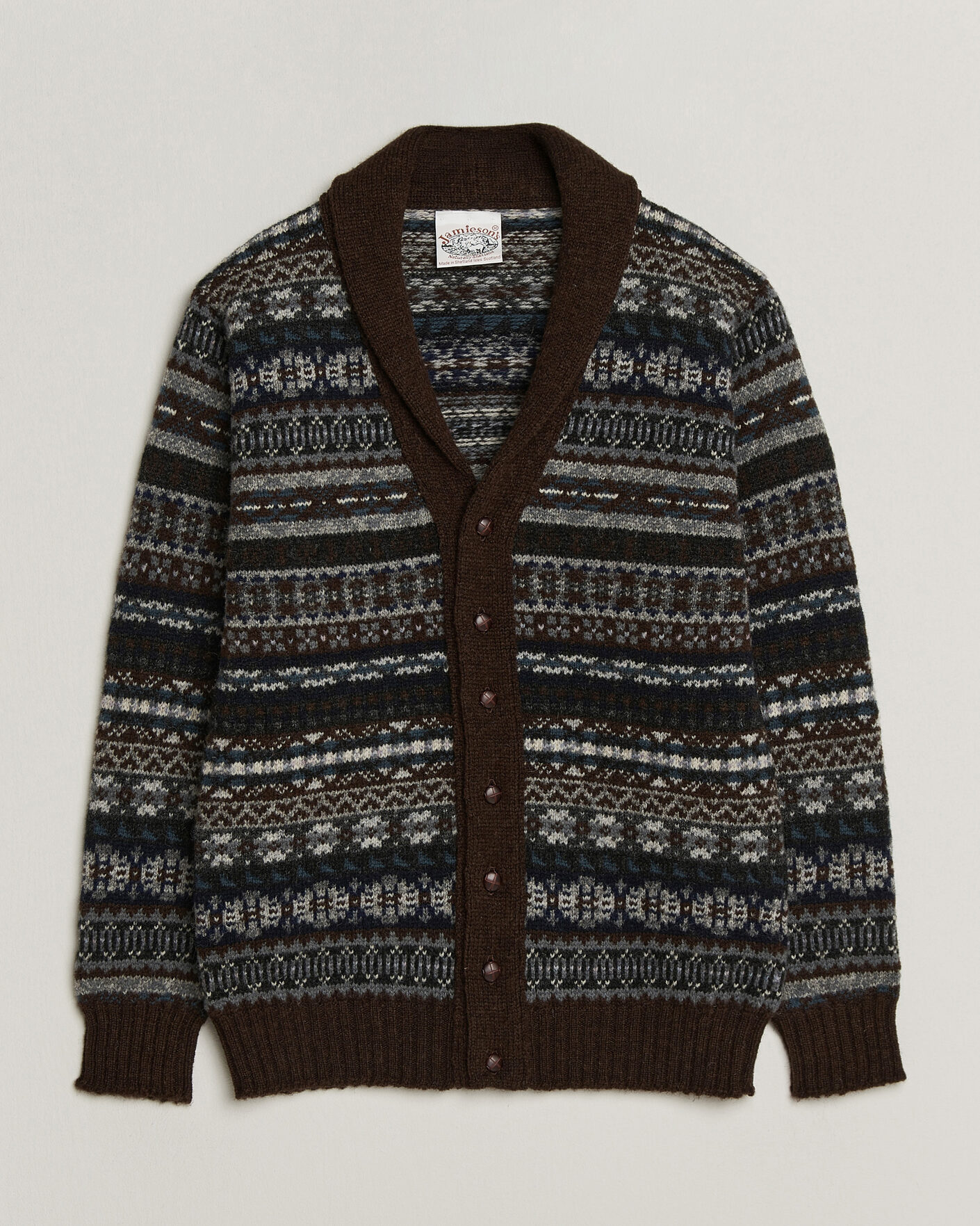 Hombres | Jerséis y prendas de punto | Jamieson's of Shetland | Jamiesons Of Shetland All Over Fair Isle Shawl Collar Cardigan Brown