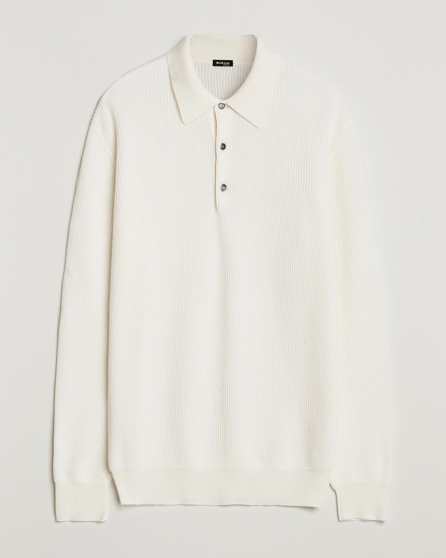 Hombres | Jerséis y prendas de punto | Kiton | Cashmere Rib Long Sleeve Polo Light Beige