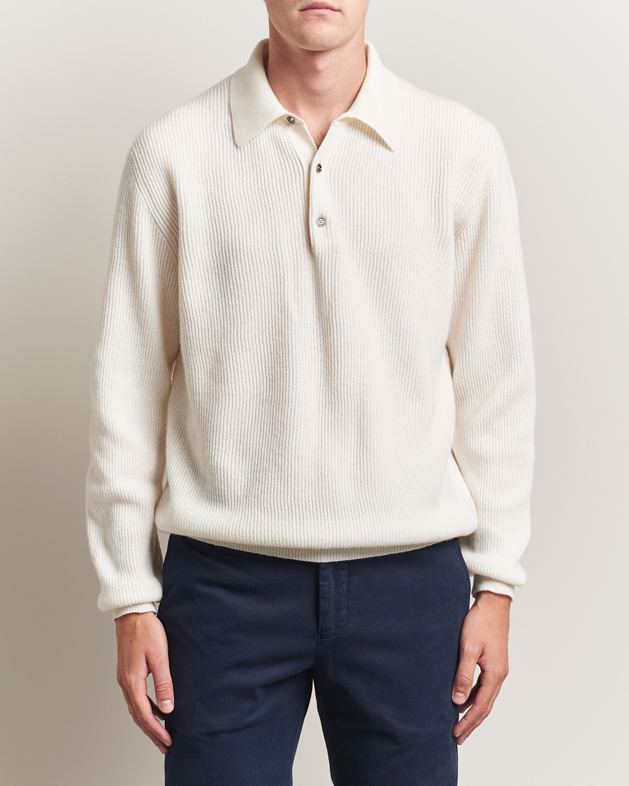 Hombres | Jerséis y prendas de punto | Kiton | Cashmere Rib Long Sleeve Polo Light Beige