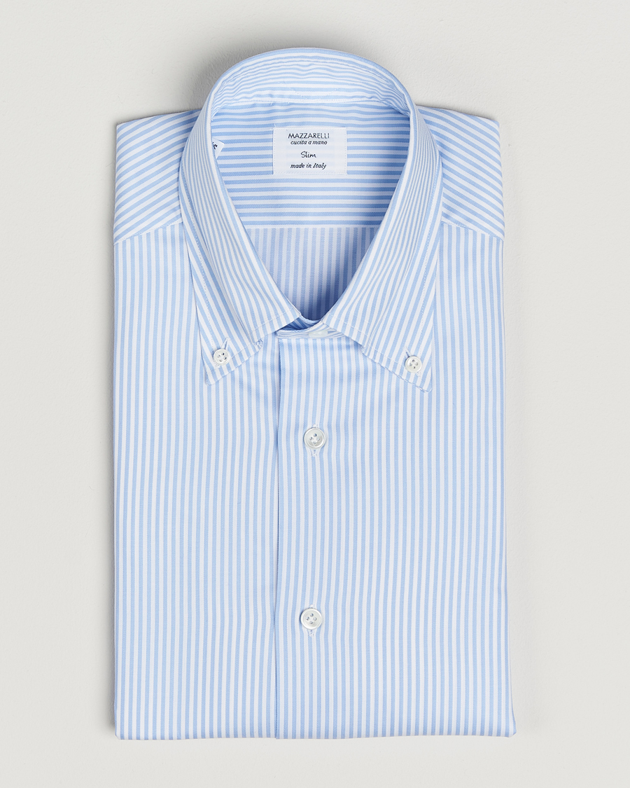 Hombres | Camisas | Mazzarelli | Soft Cotton Twill Button Down Shirt Light Blue Stripe
