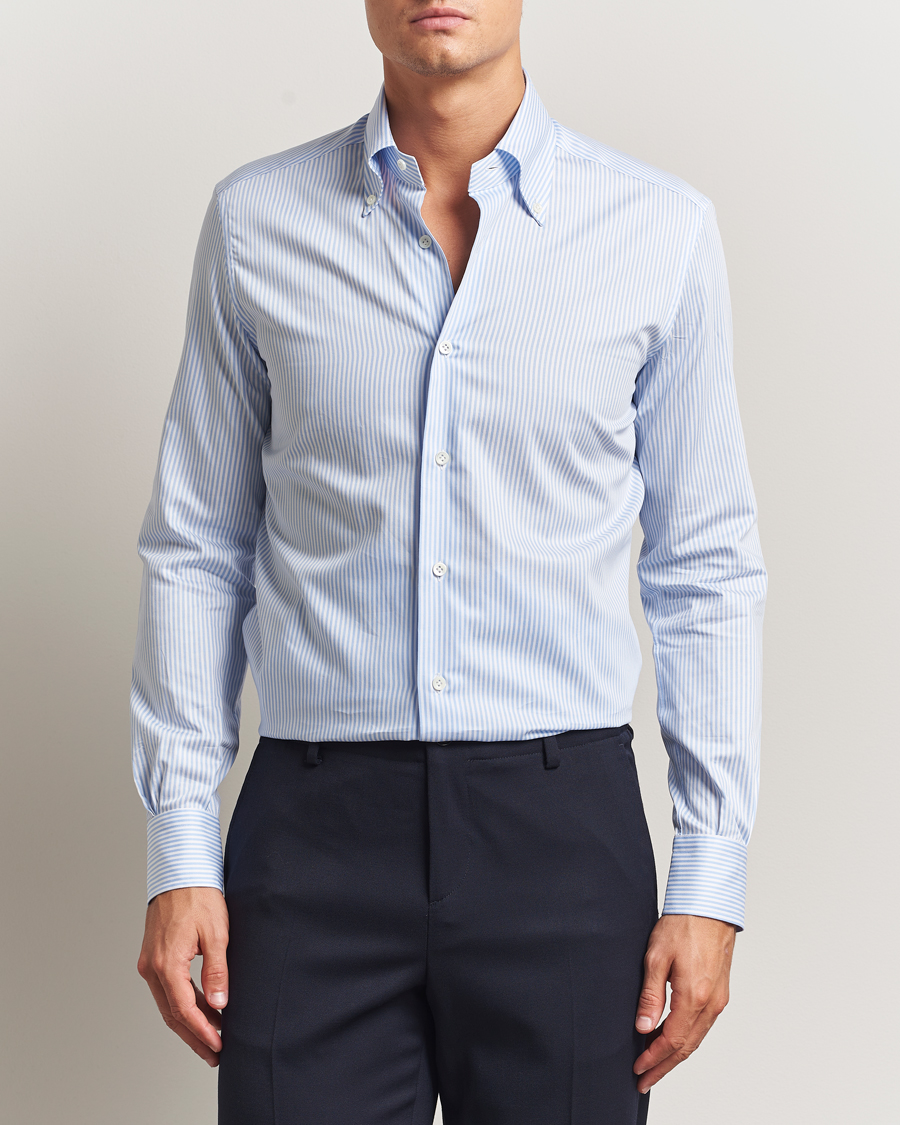 Hombres | Camisas | Mazzarelli | Soft Cotton Twill Button Down Shirt Light Blue Stripe