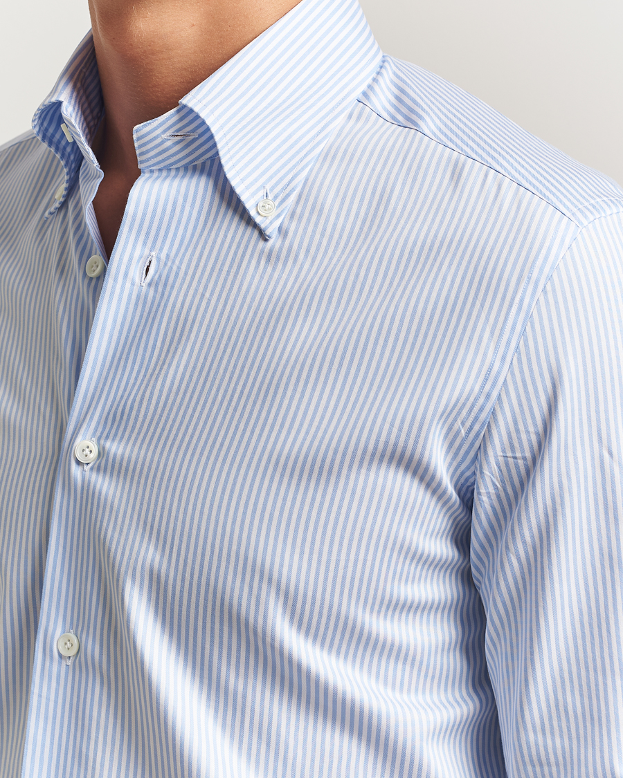 Hombres | Camisas | Mazzarelli | Soft Cotton Twill Button Down Shirt Light Blue Stripe
