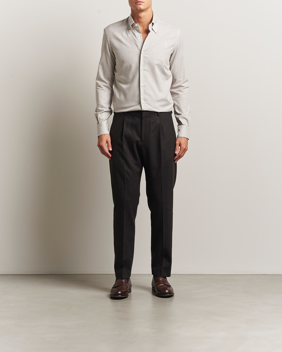 Hombres | Camisas | Mazzarelli | Soft Flannel Button Down Shirt Beige